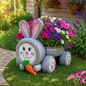 jardinet lapin gris avec pneus usagés