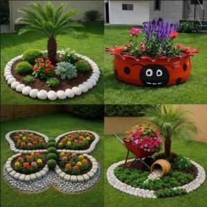 plusieurs jardinets avec des éléments de récupération